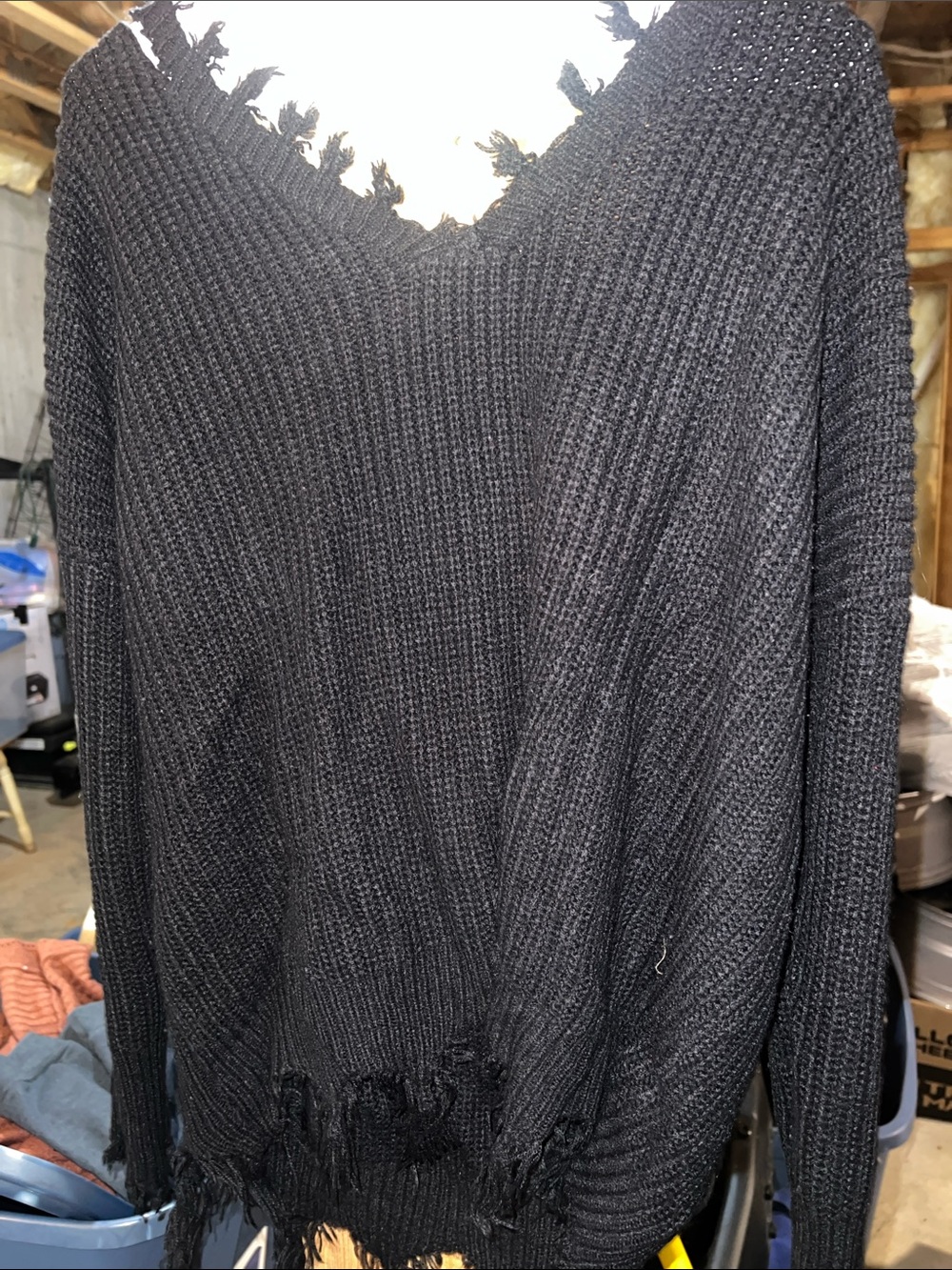 Rue21 Black Distressed V-Neck Sweater with Frayed Hem